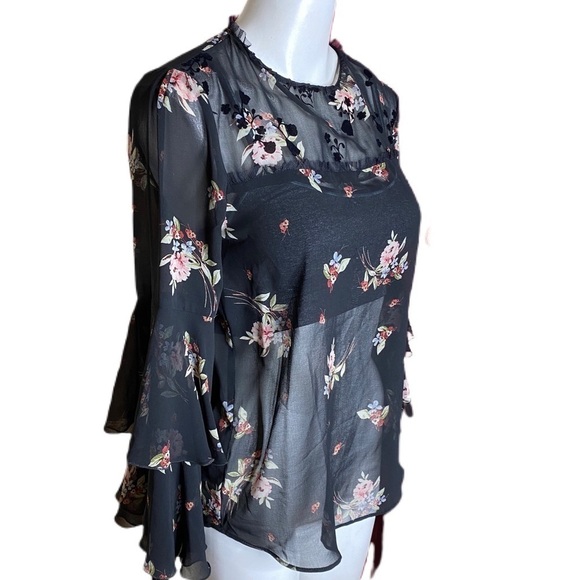 Zara Basic Z1975 Denim Top Sheer Floral Black Small - Picture 2 of 12